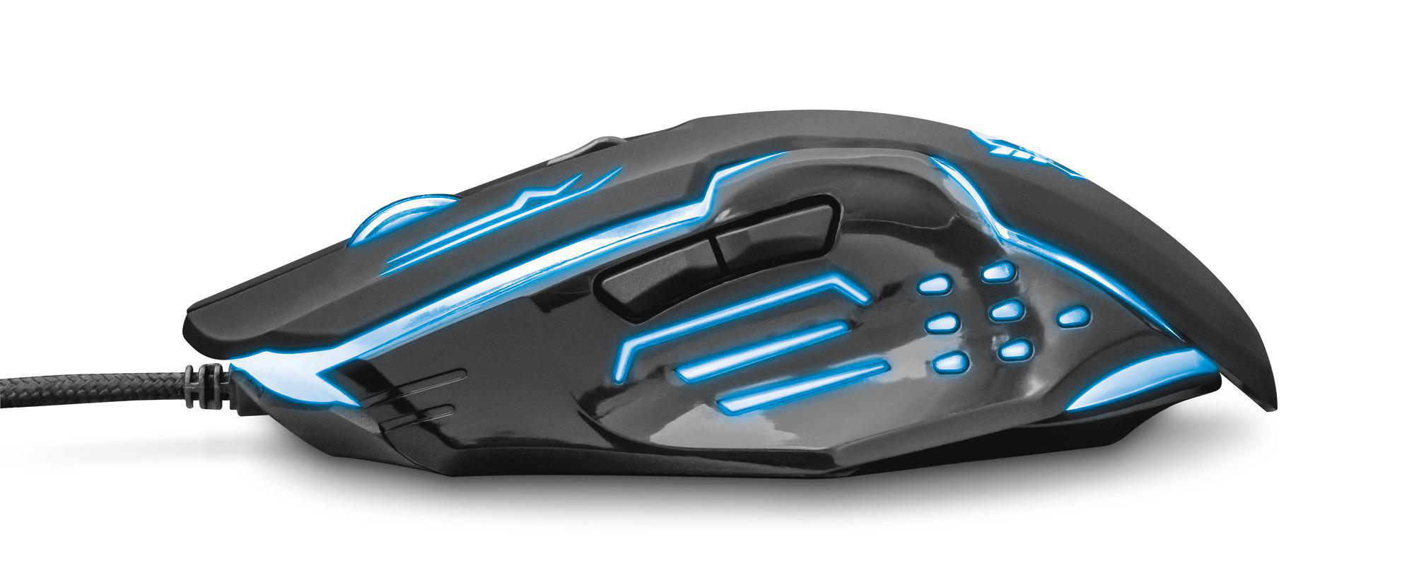 Schwarze Gaming-Maus mit blauen Lichtern, Seitenansicht, weißer Hintergrund.