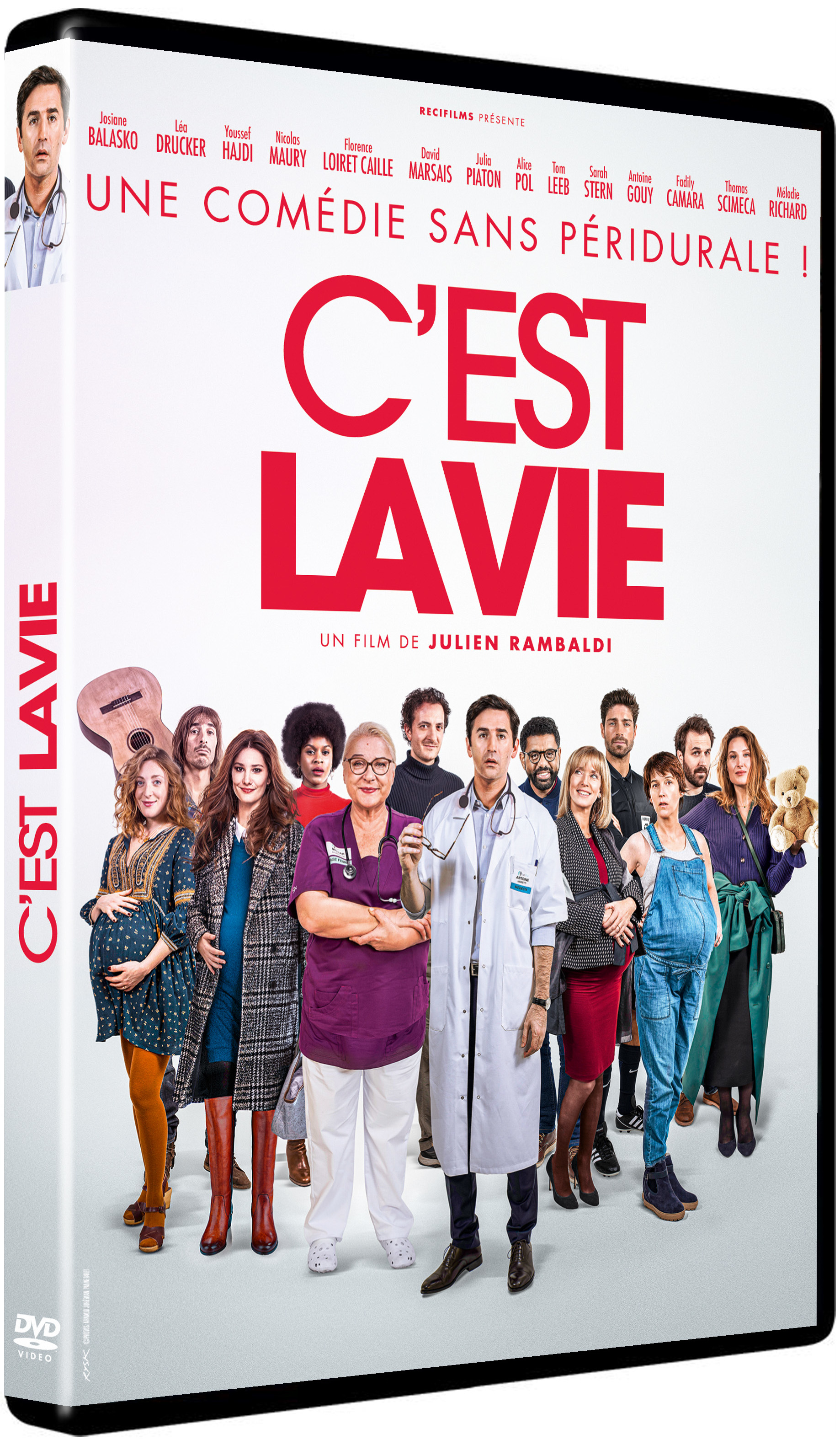 DVD-hoes, een groep mensen, filmtitel in rood, man in labjas, diverse mensen en zwangere vrouwen.