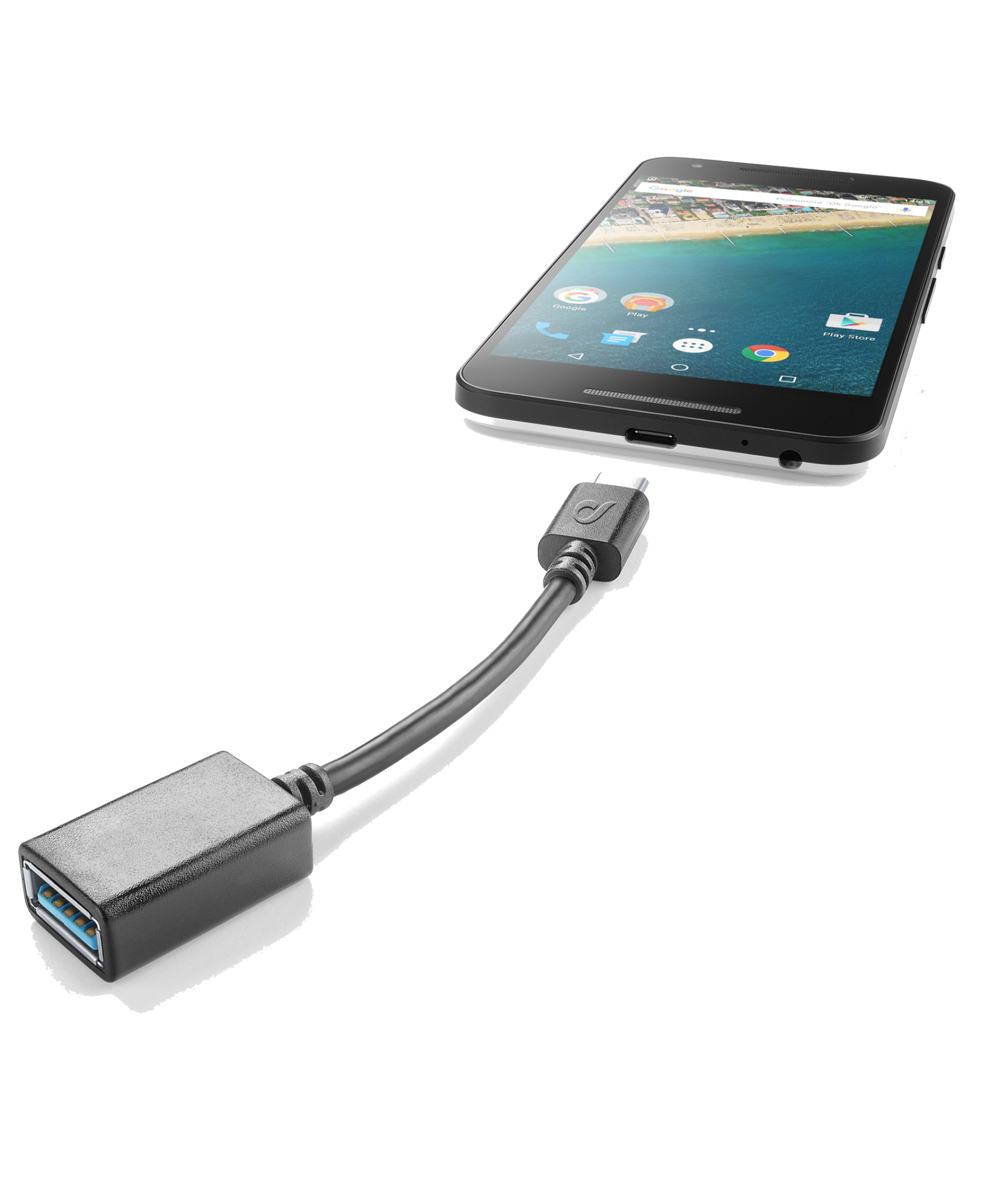 Cable adaptador USB a micro USB negro, con un teléfono inteligente. El teléfono muestra un sitio web.