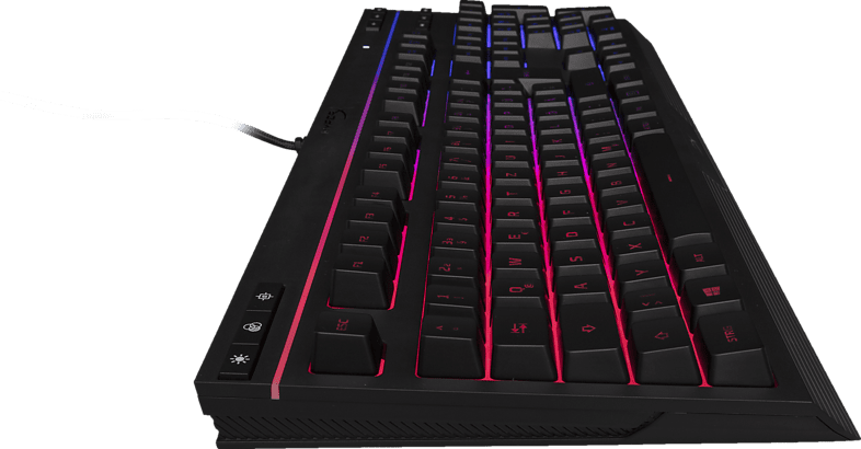 Schwarze Tastatur mit beleuchteten Tasten. Rote und blaue Farbtöne. Kabel links.