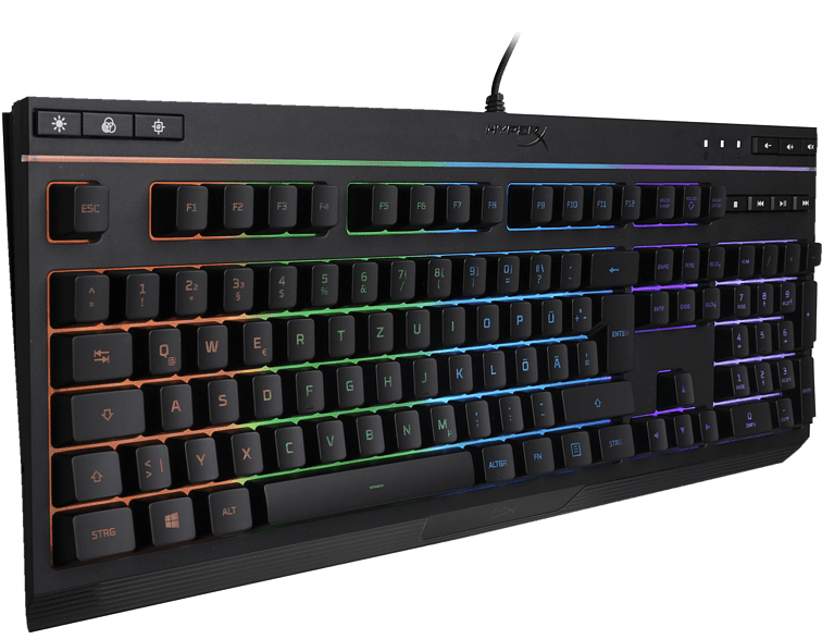 Schwarze Tastatur mit bunten Lichtern. Beinhaltet Tasten, Funktionstasten und einen Nummernblock mit Kabel.