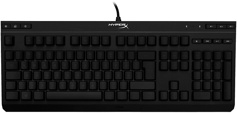 Schwarze Tastatur, alle Tasten sind schwarz. Das HyperX-Logo befindet sich oben. Die Tastatur ist rechteckig.