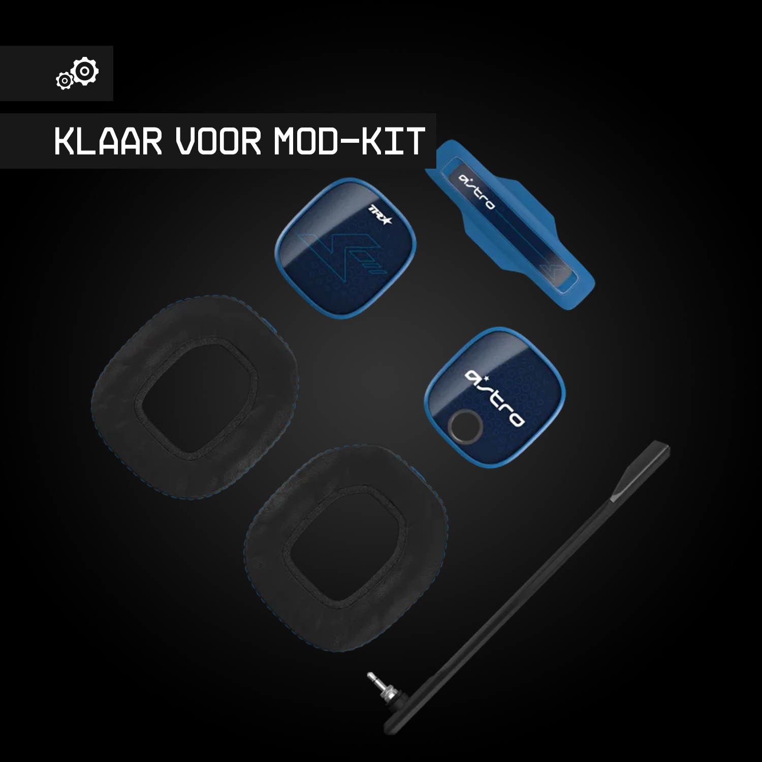 Een productset voor een gamingheadset. Inclusief oorkussens, een microfoon en mod-kit componenten, alles op een zwarte achtergrond.