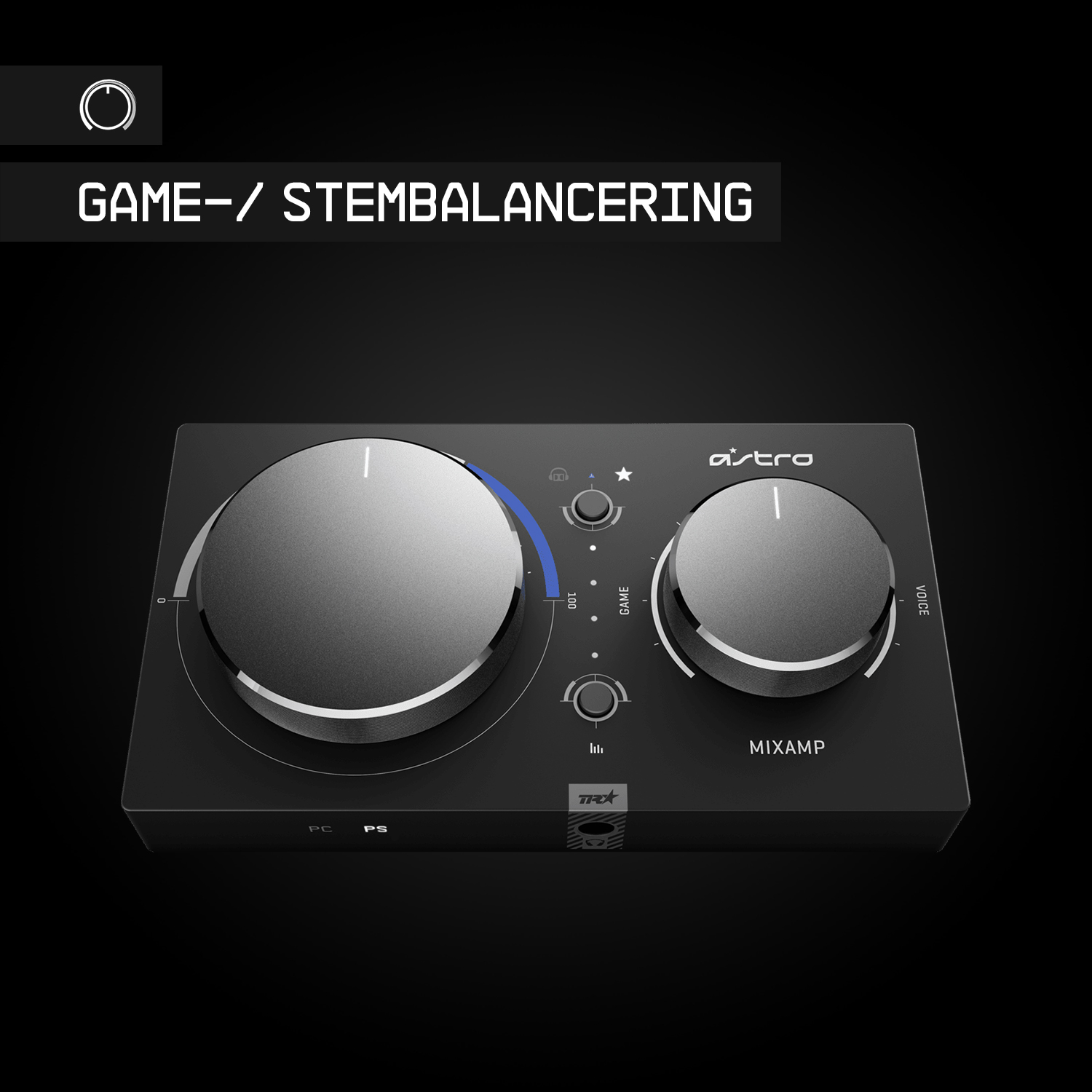 Een zwart MixAmp-apparaat met twee grote draaiknoppen. De linkerknop heeft een blauwe indicator. Tekst bevat 'GAME', 'VOICE' en 'Astro'.