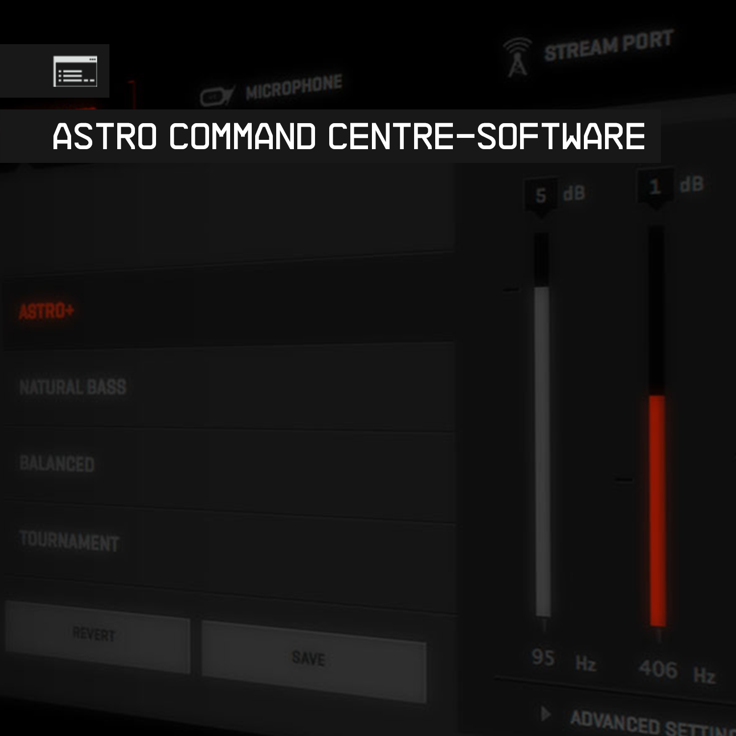 Astro Command Centre software-interface. Toont audioniveaus en instellingen. Opties zoals Natural Bass en Tournament.