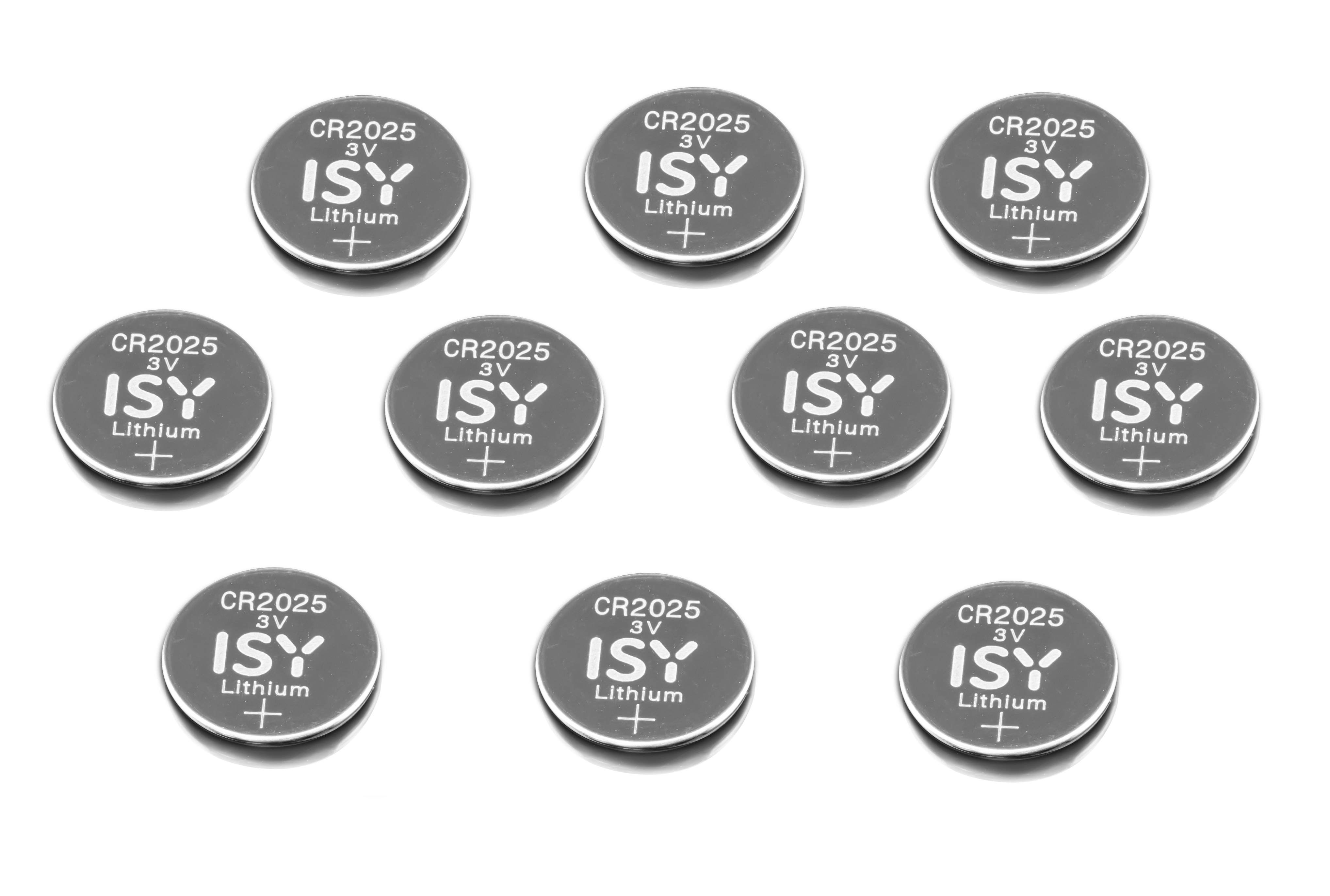 Zehn CR2025 3V Lithium Batterien. Die Batterien sind silber mit schwarzer Schrift.