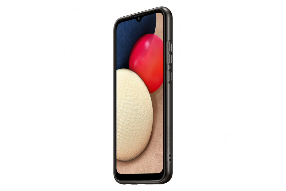 Fekete Samsung telefon, piros és barna formájú képernyővel.