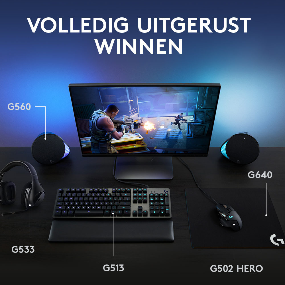Gaming setup with a monitor, speakers, headset, keyboard, and mouse. The text labels each item.