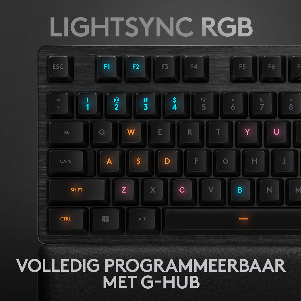 Close-up of a keyboard with illuminated keys, showing RGB lights.