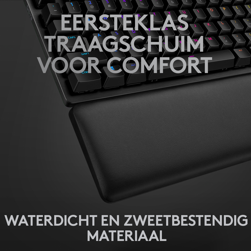 Close-up of a black keyboard with a wrist rest. The text on the keyboard is visible. Black background.