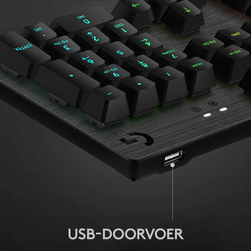 Black keyboard with illuminated blue keys and a USB port.