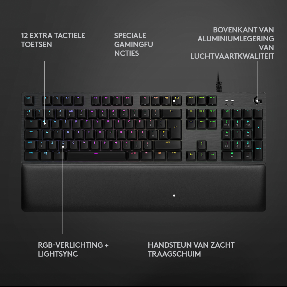 Black keyboard with keys, wrist rest, and labeled features.