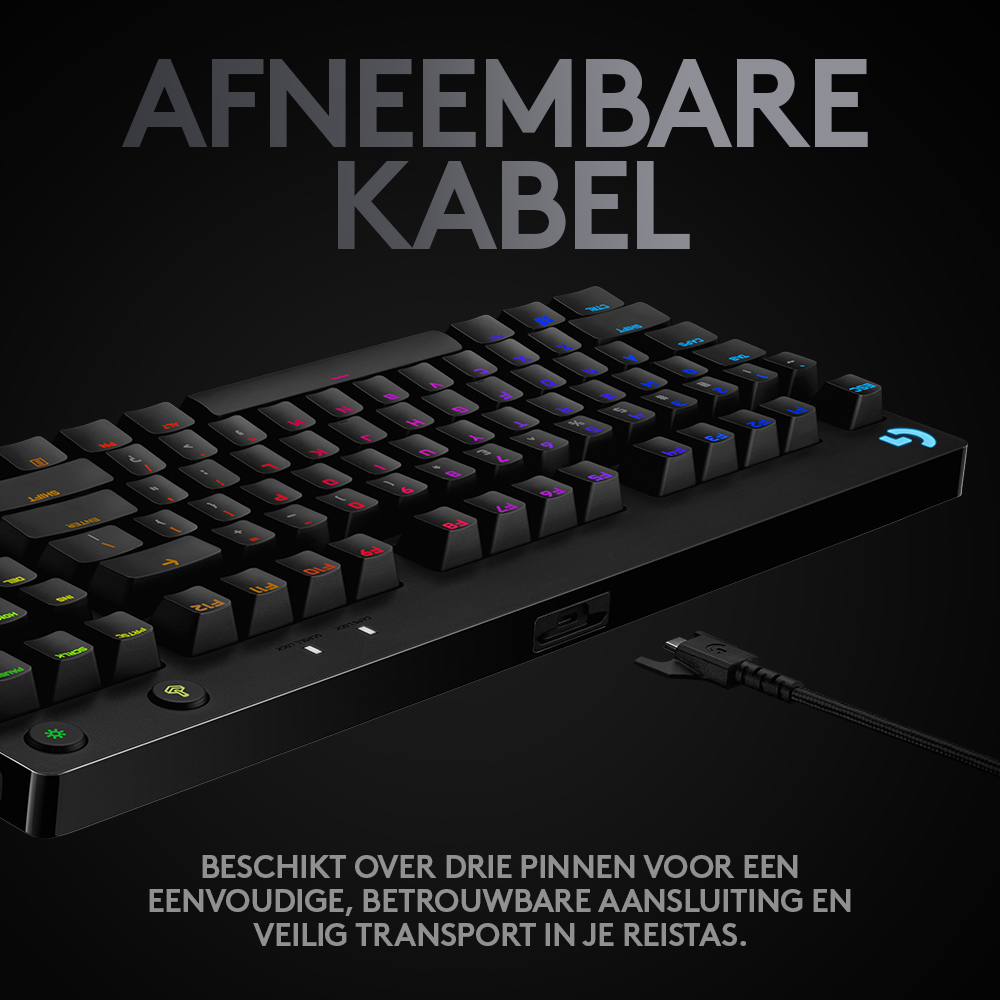 Black keyboard with blue, purple, and red keys. Detachable cable on the right.