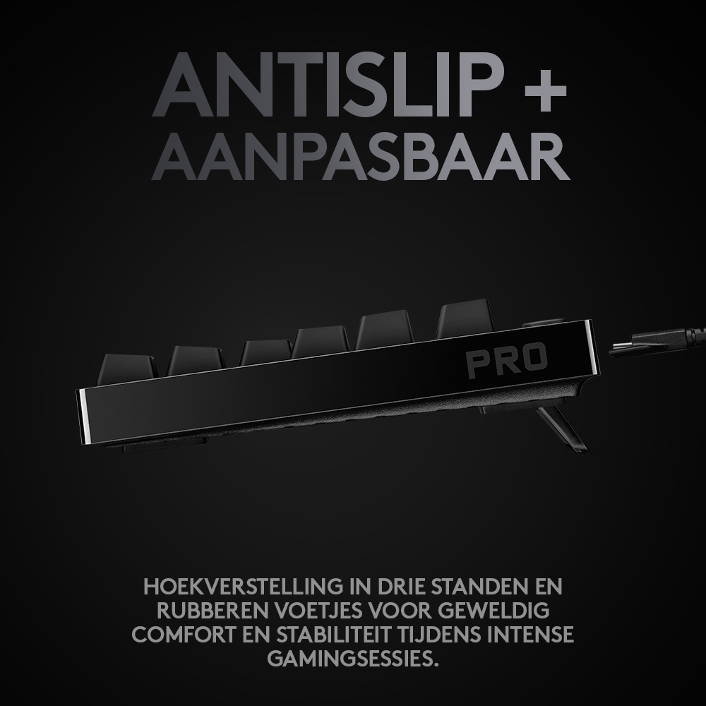 A black gaming keyboard with the word 'PRO' on it, with text about anti-slip and adjustable feet.