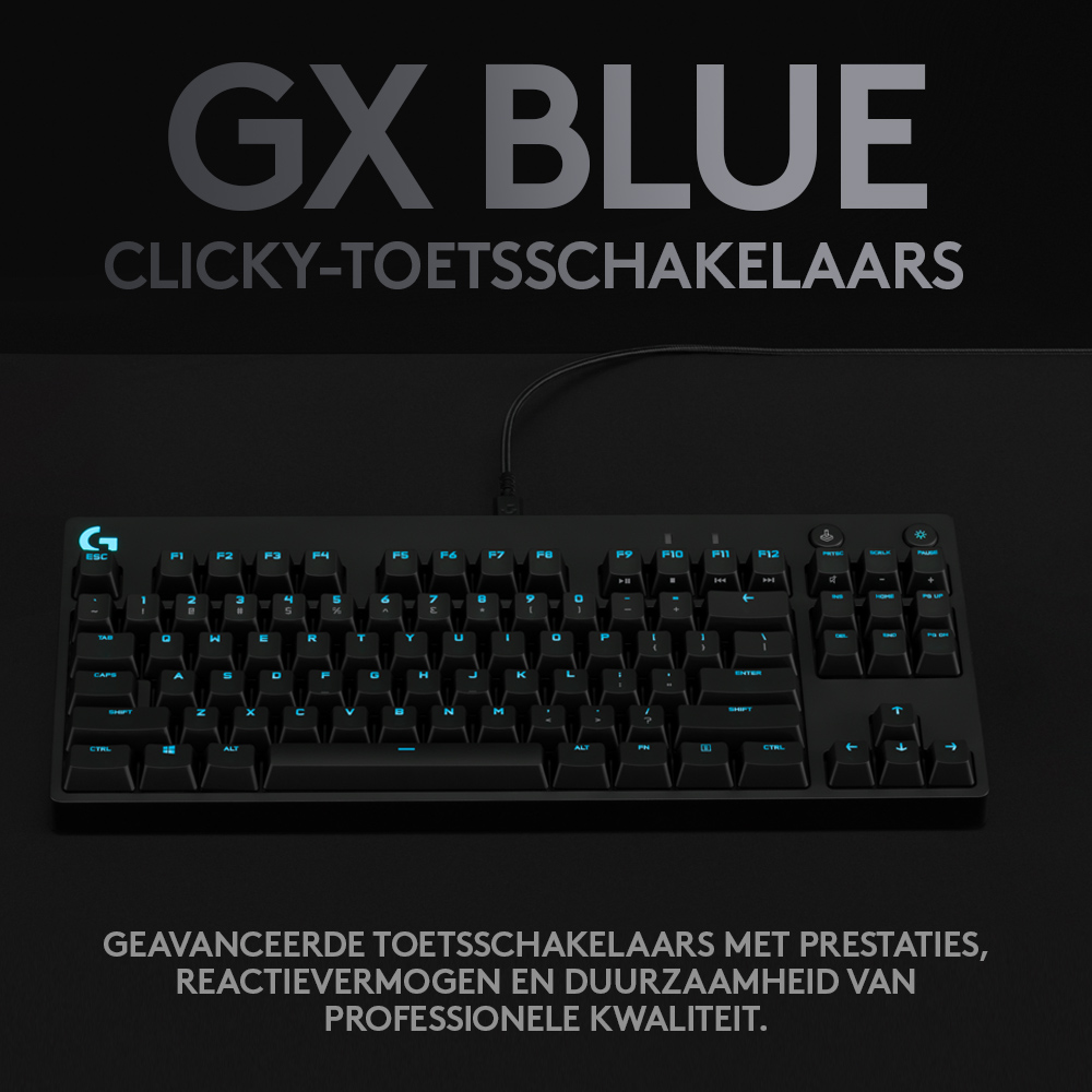 Black keyboard with blue backlit keys and white text. 