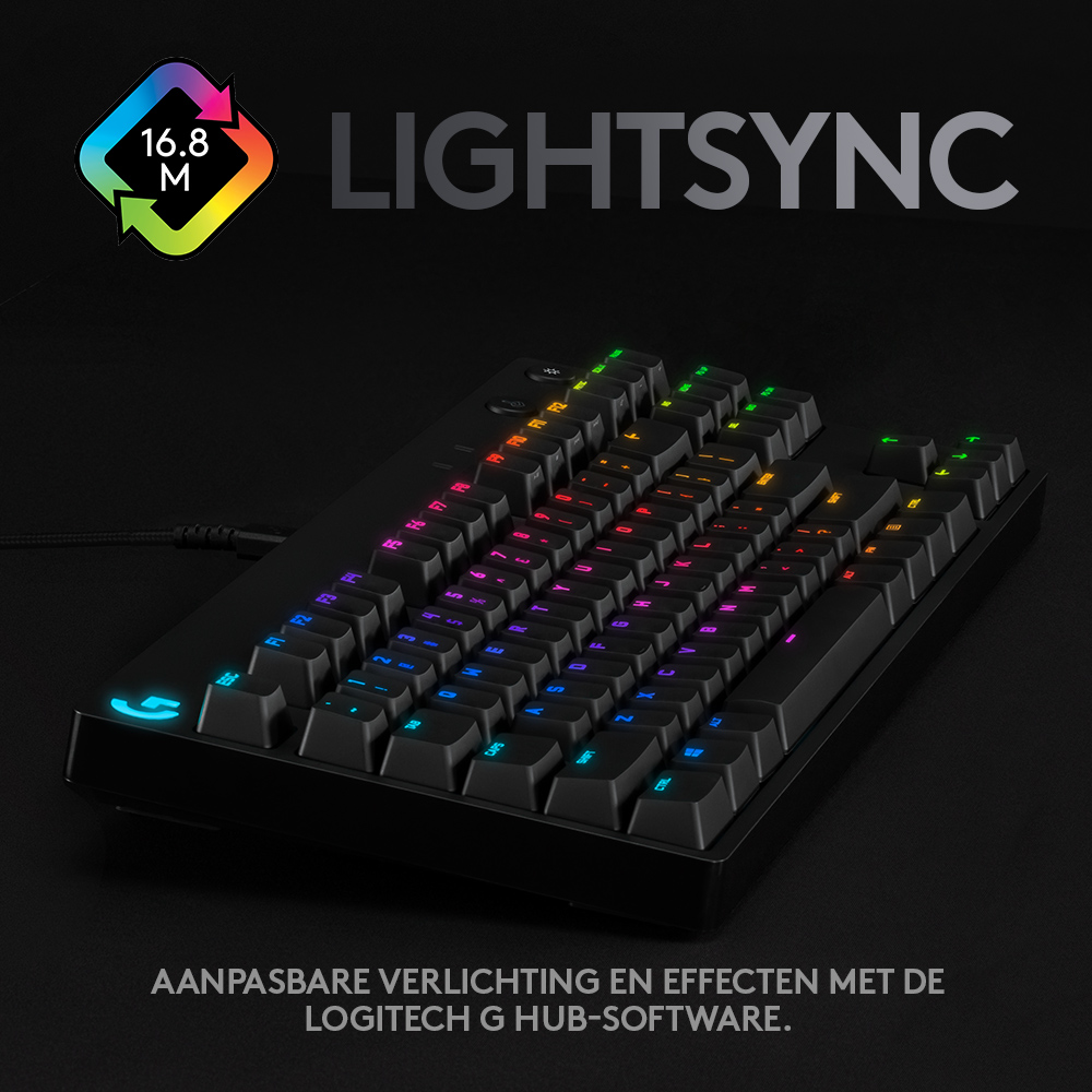 A black keyboard with colorful keys. Text says Lightsync and 16.8M. The background is black.