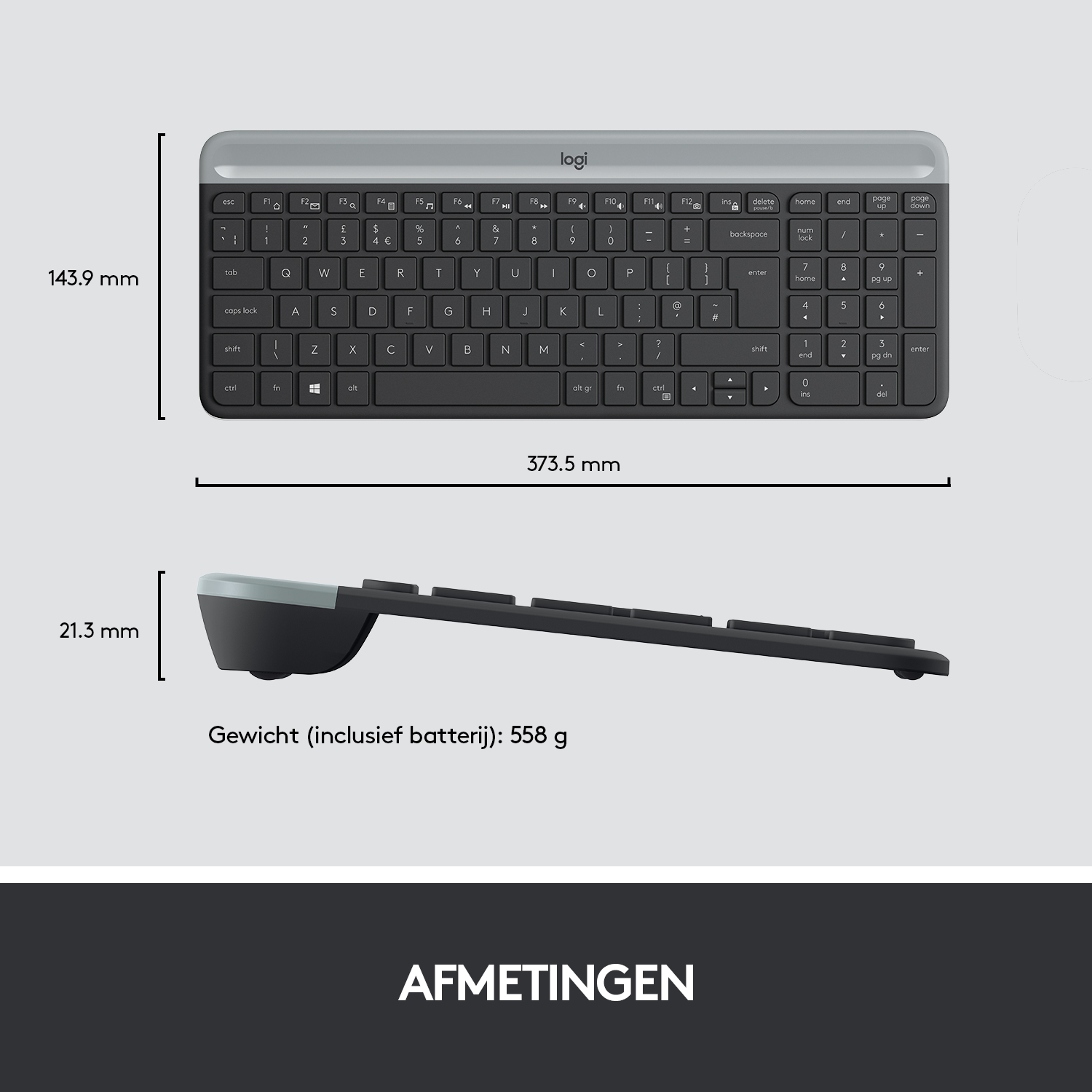 Een bovenaanzicht van een Logitech-toetsenbord met afmetingen in mm en een gewicht van 558g.