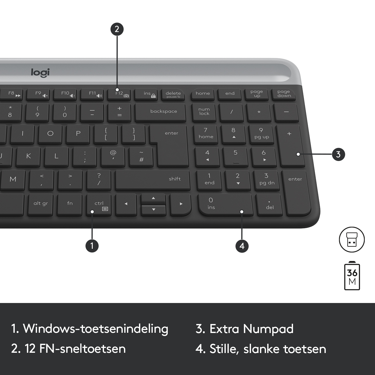 Zwart en grijs toetsenbord met genummerde toetsen, met een Windows-indeling.
