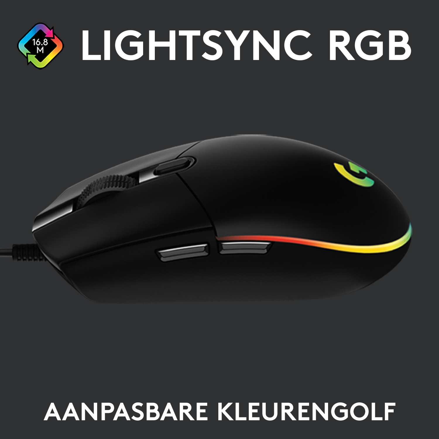 Black gaming mouse with RGB lighting, with the brand name 'Logitech'.