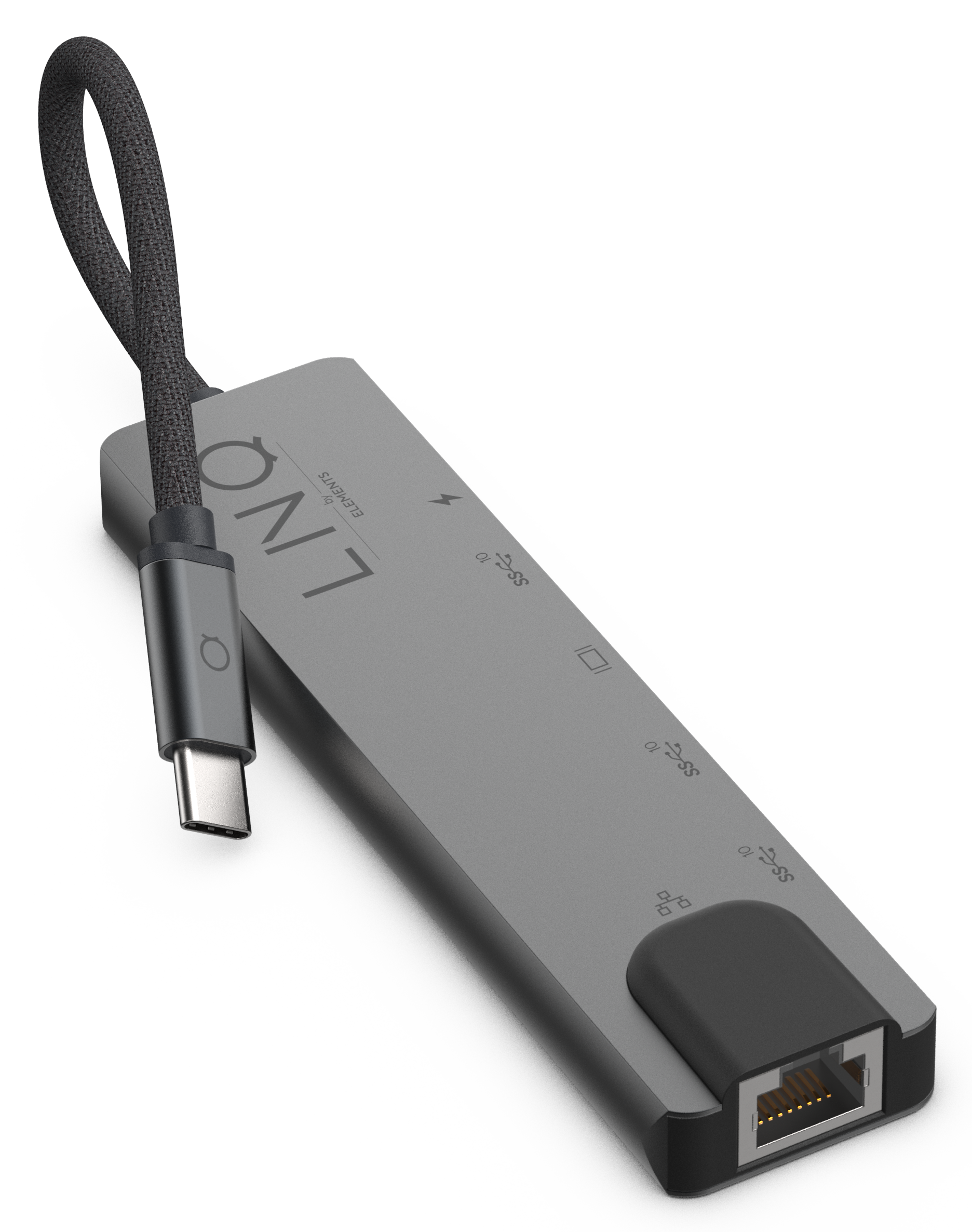 A silver-gray adapter with multiple ports, with a USB-C cable attached. The brand name 'LINQ' is visible.