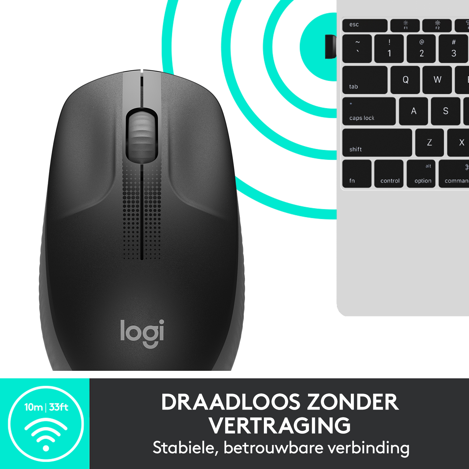 Black mouse next to a keyboard, with the word logi on it.