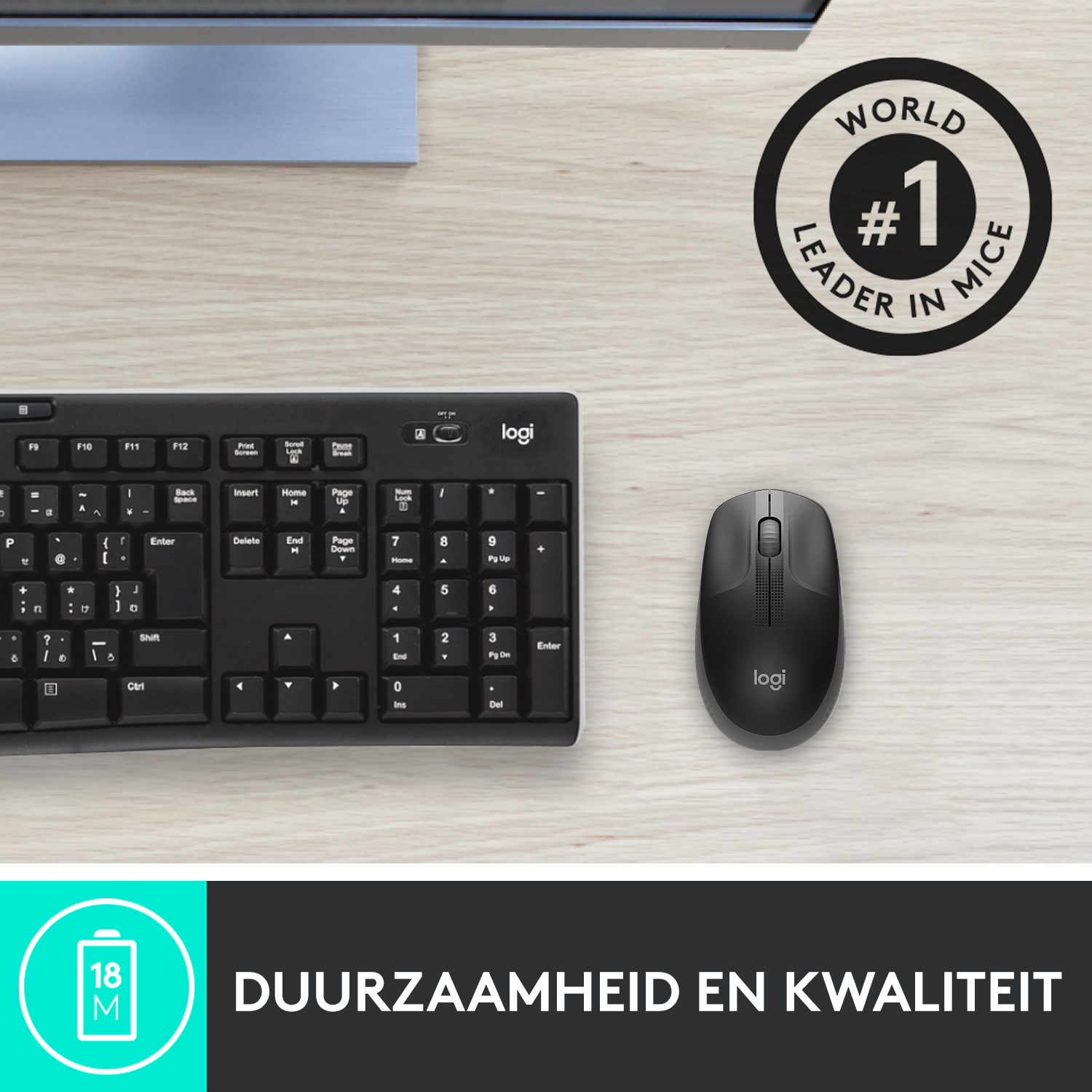 Mouse and keyboard on a light-colored surface. The mouse has a scroll wheel.