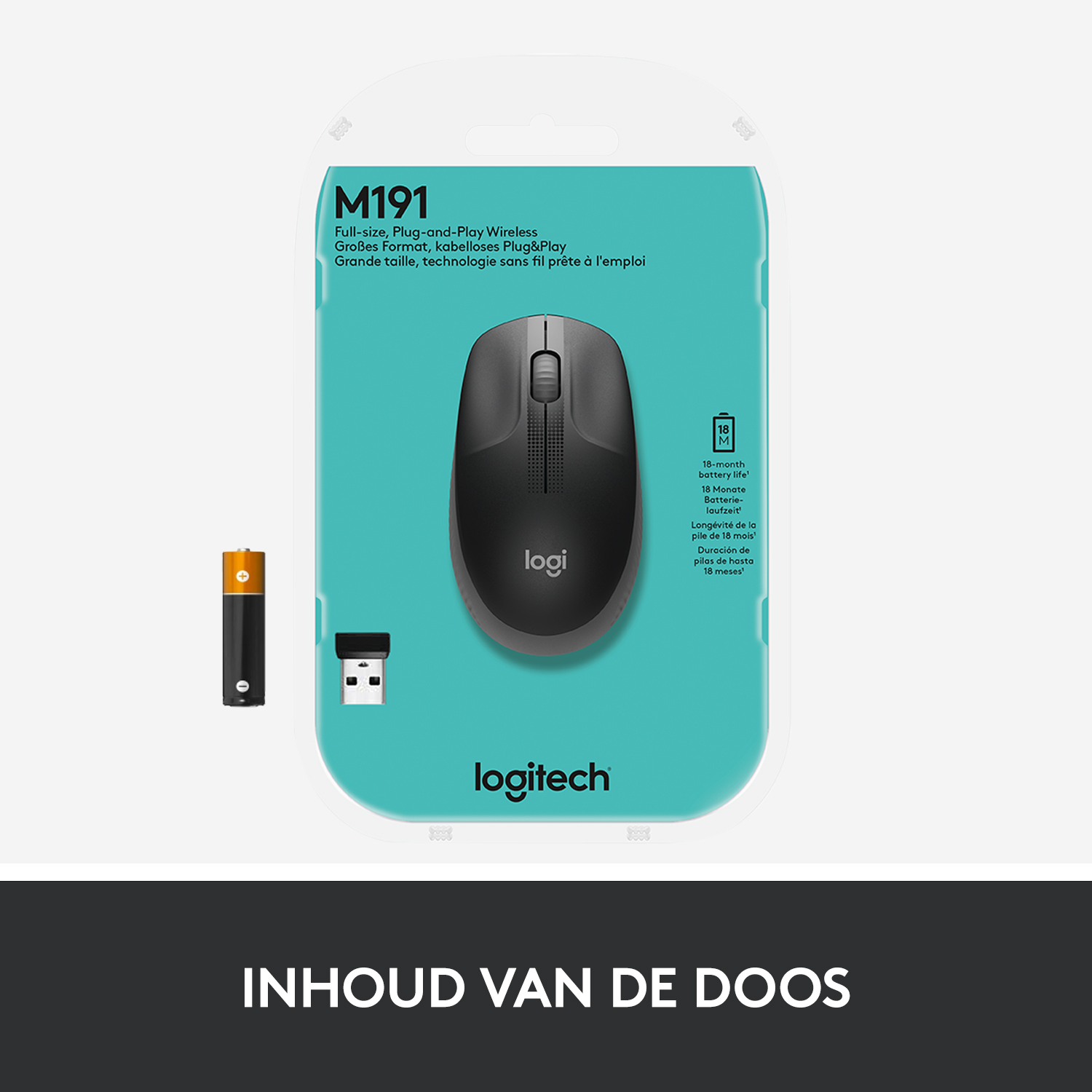 A black Logitech mouse in a blue and white package with a battery and a USB receiver.