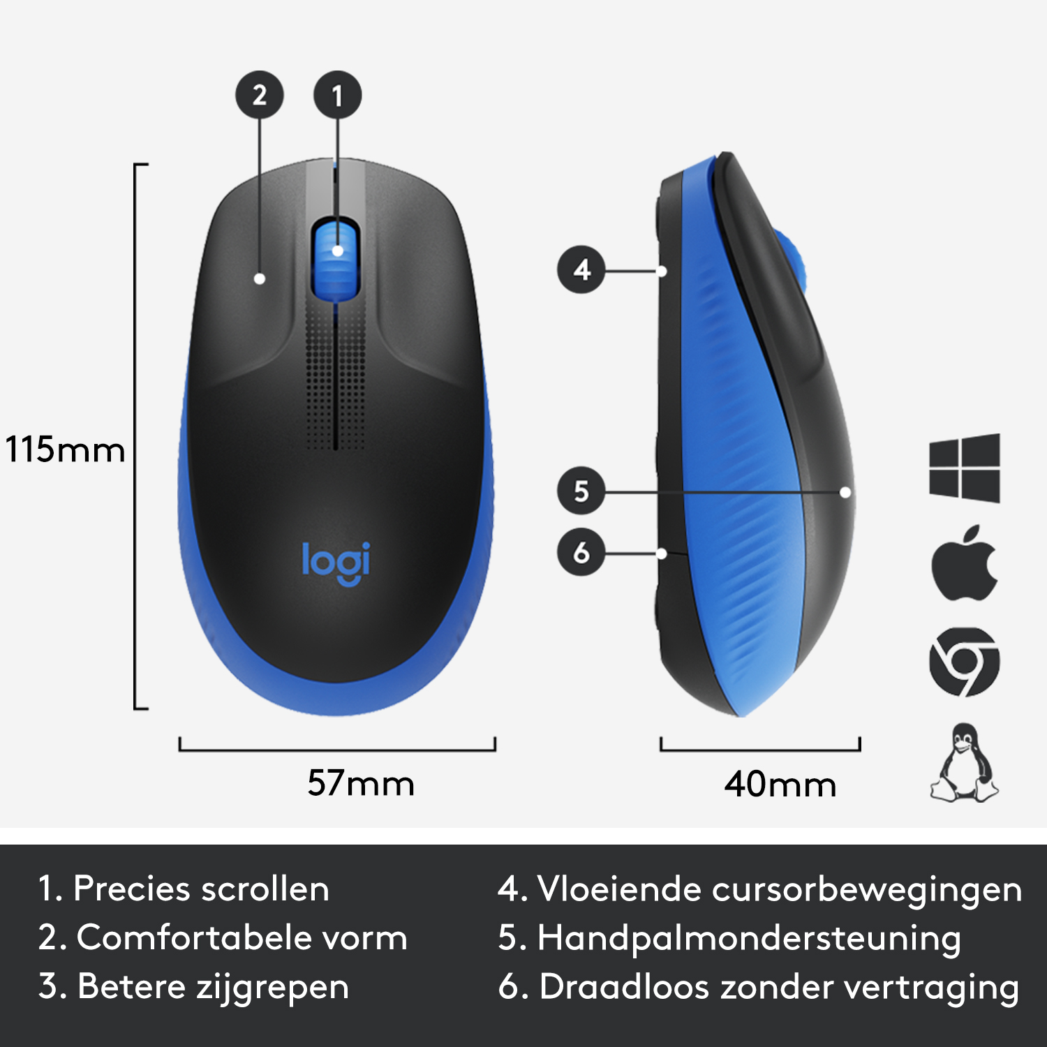Logitech muis. Zwart met blauwe accenten, gelabeld met afmetingen en functie beschrijvingen.