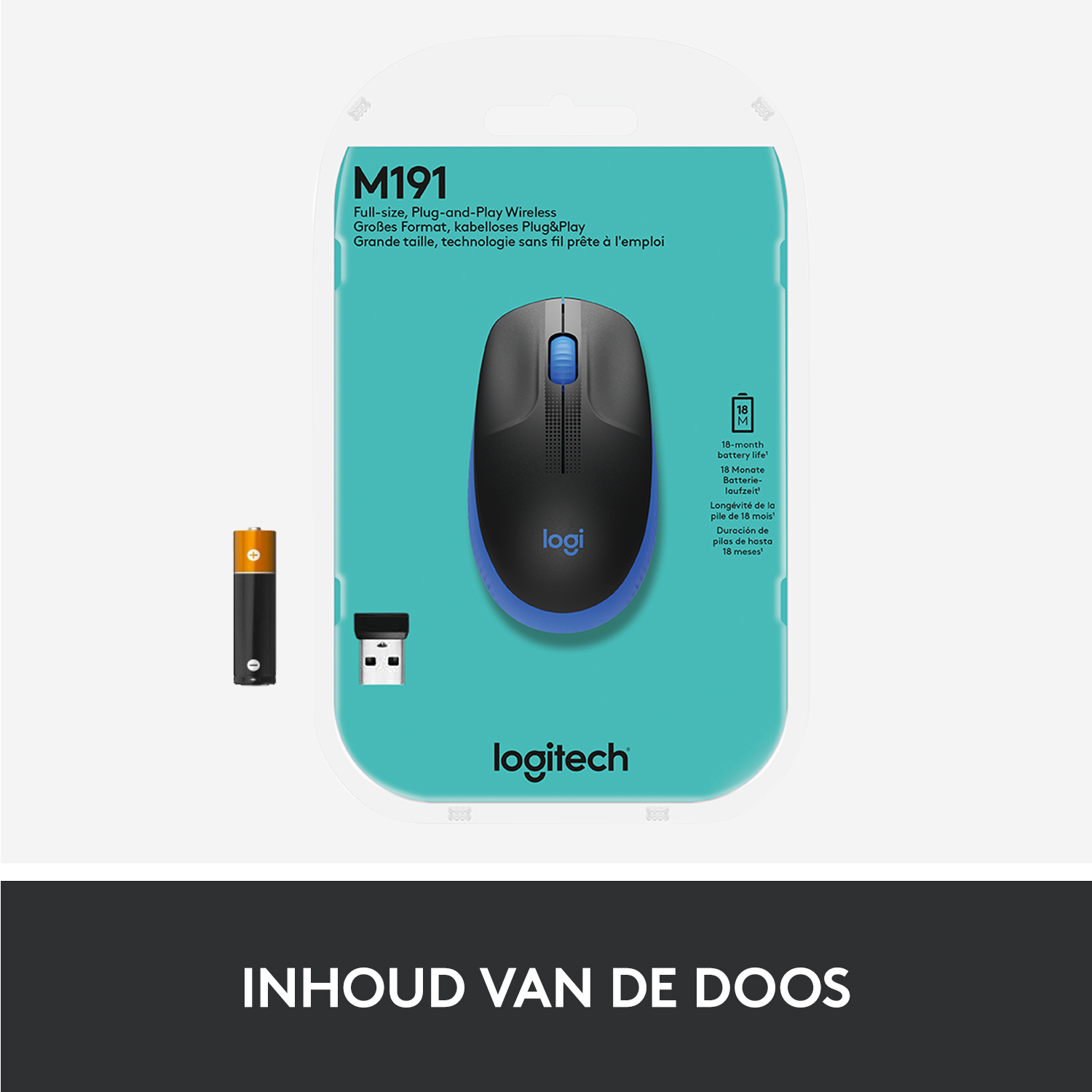 Muisverpakking. Een zwart-blauwe muis in een plastic behuizing met batterij en USB.