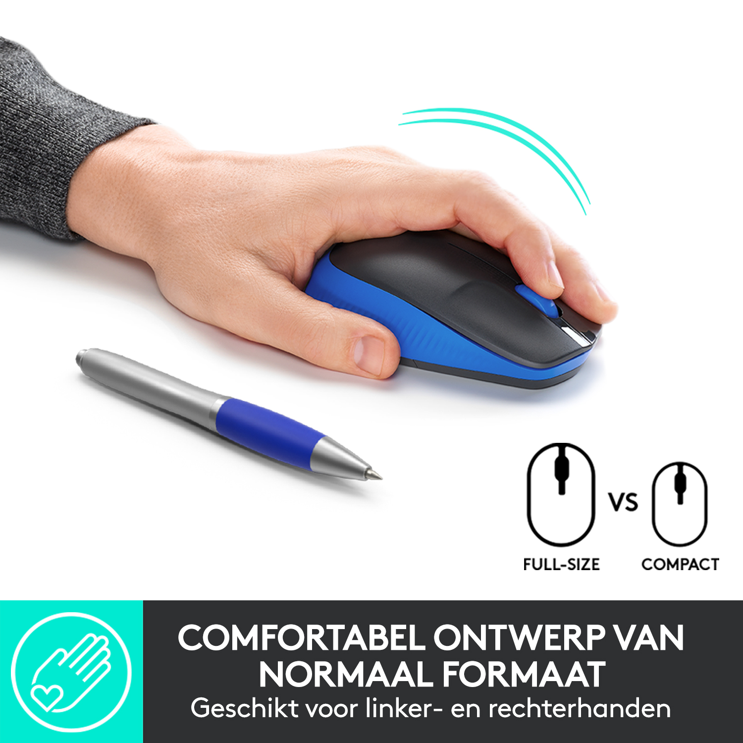 Een hand die een blauwe en zwarte draadloze muis gebruikt naast een pen.