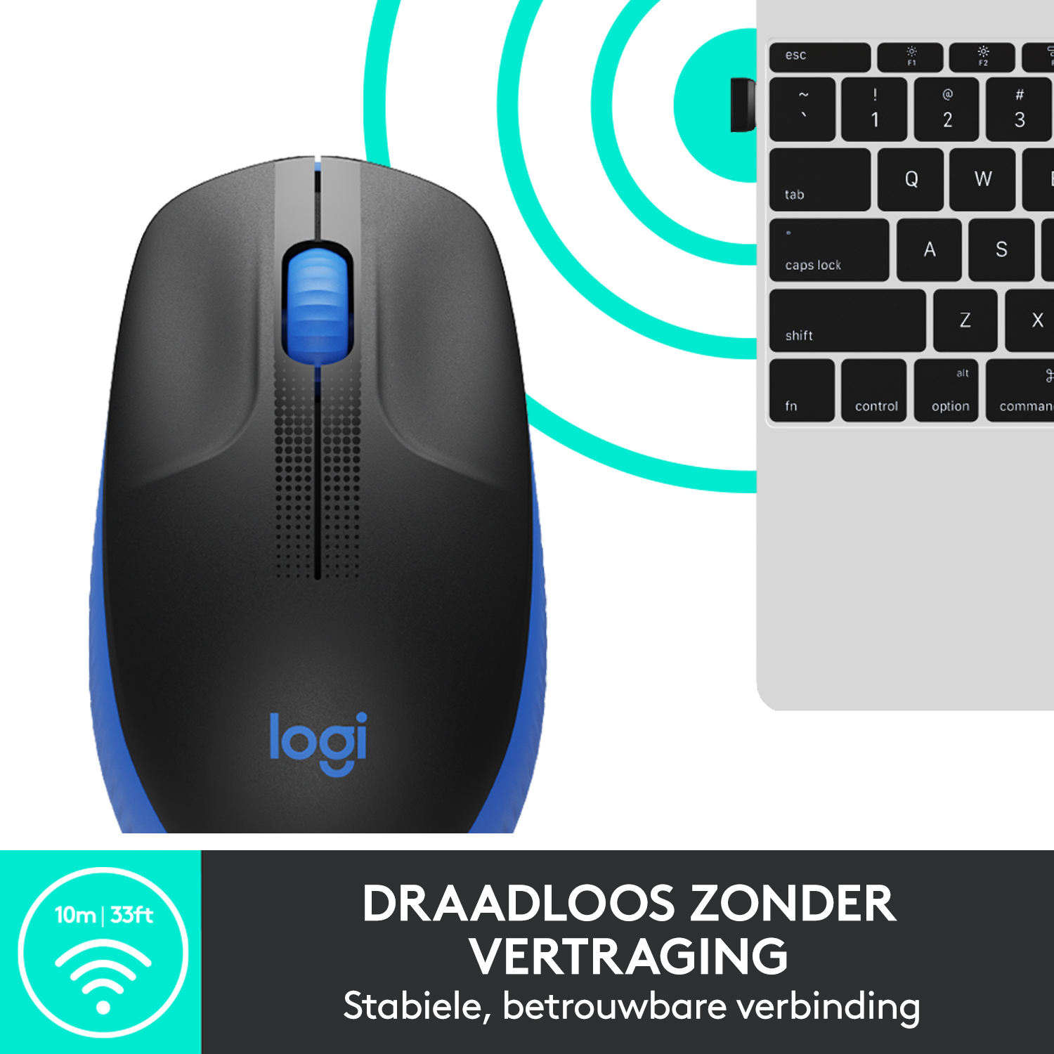 Zwarte en blauwe draadloze muis naast een toetsenbord. Een WiFi-symbool is aanwezig.