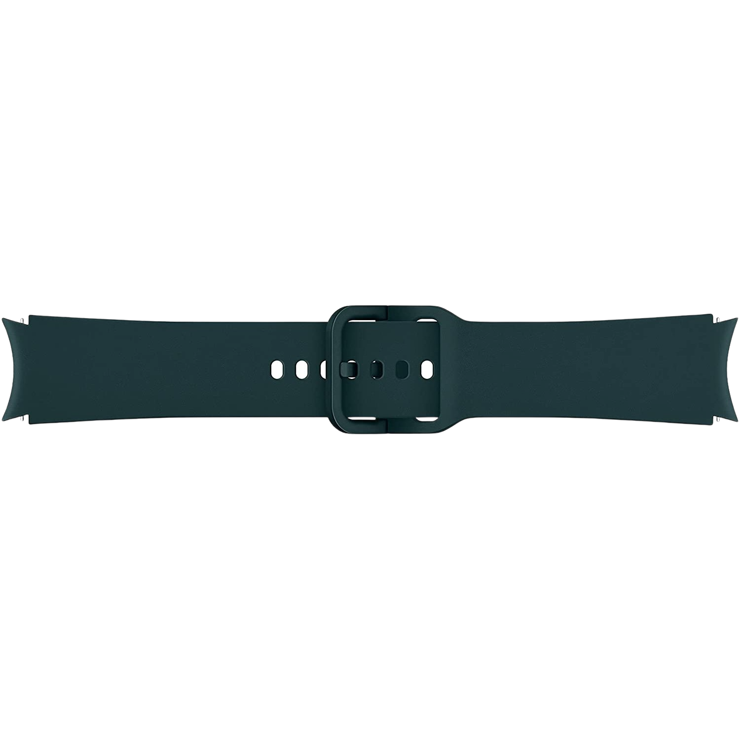 Correa de reloj verde oscuro con hebilla, sobre un fondo negro.