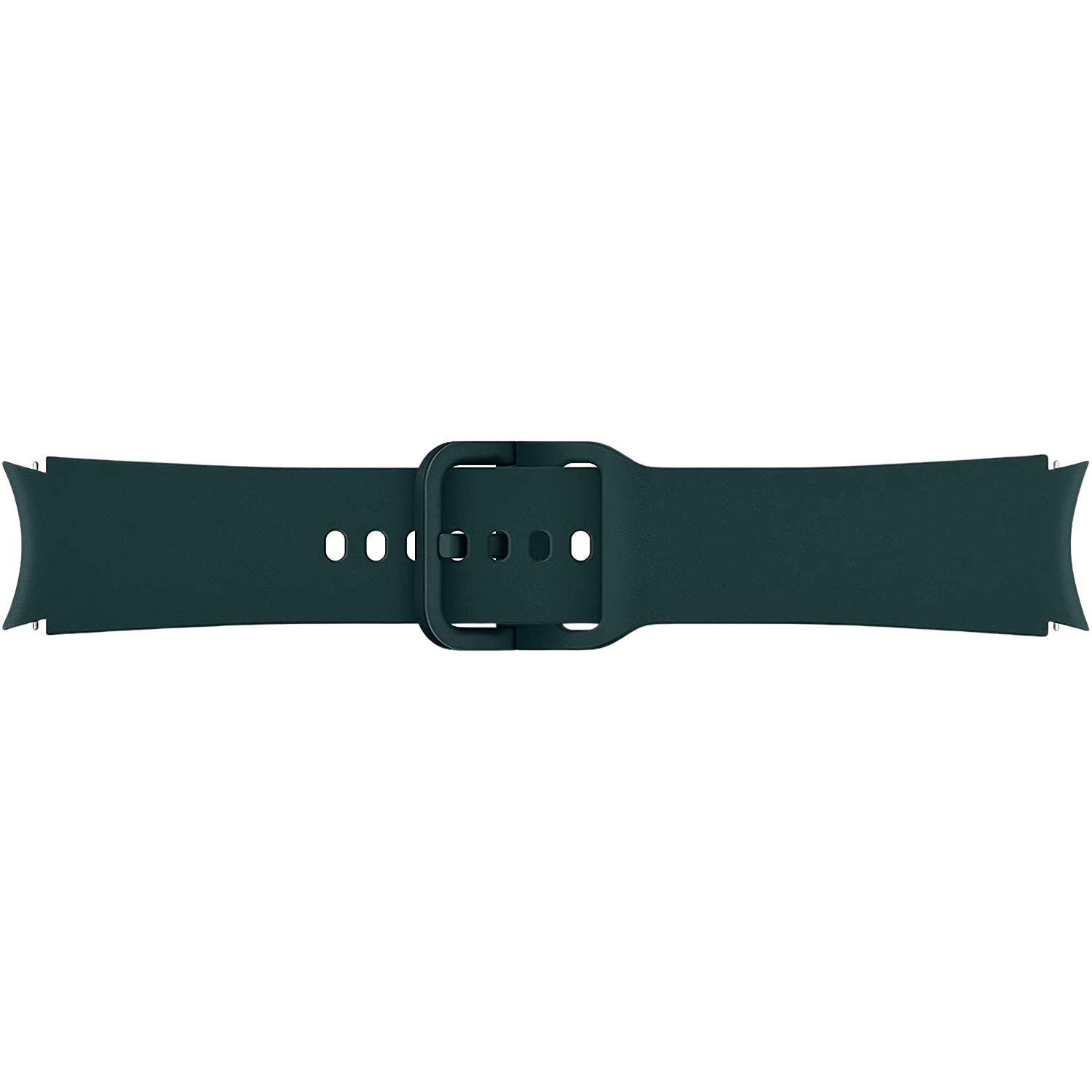 Una correa de reloj verde oscuro con hebilla. La correa está plana contra un fondo negro.