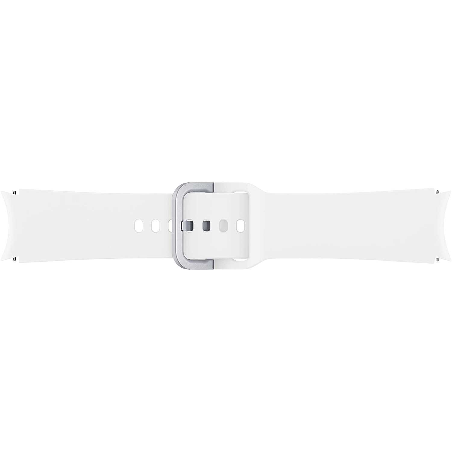 Una correa de reloj blanca con hebilla plateada. Fondo negro.