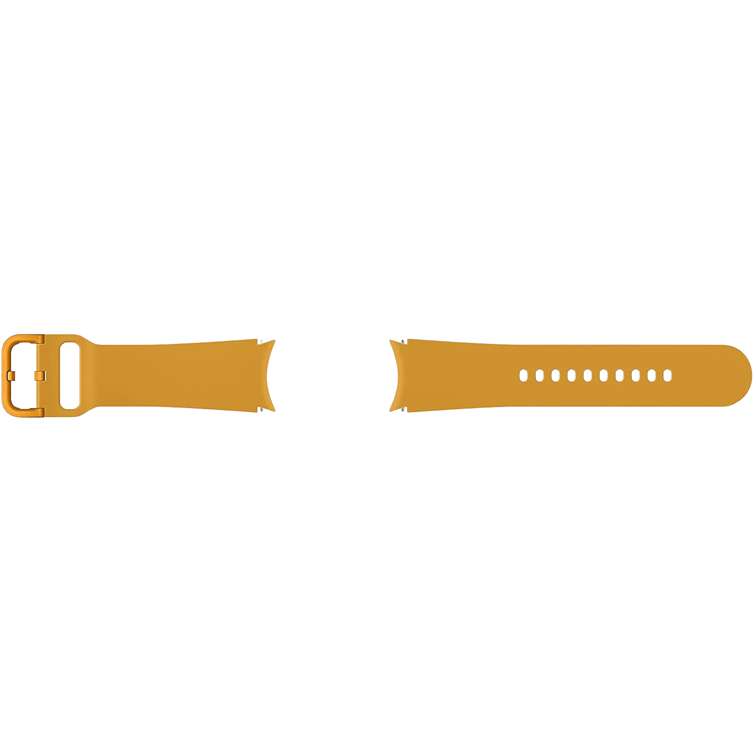Correa de reloj amarillo mostaza con hebilla dorada, separada, sobre fondo negro.
