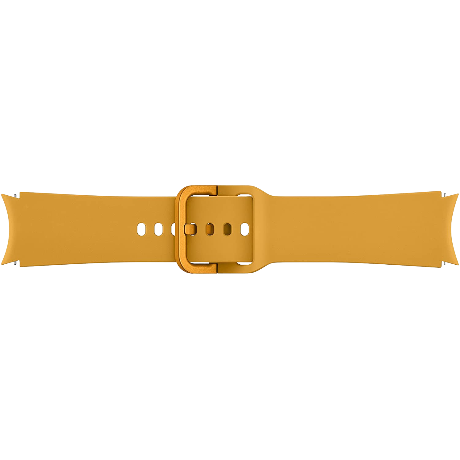 Correa de reloj amarillo mostaza con hebilla dorada sobre fondo negro.