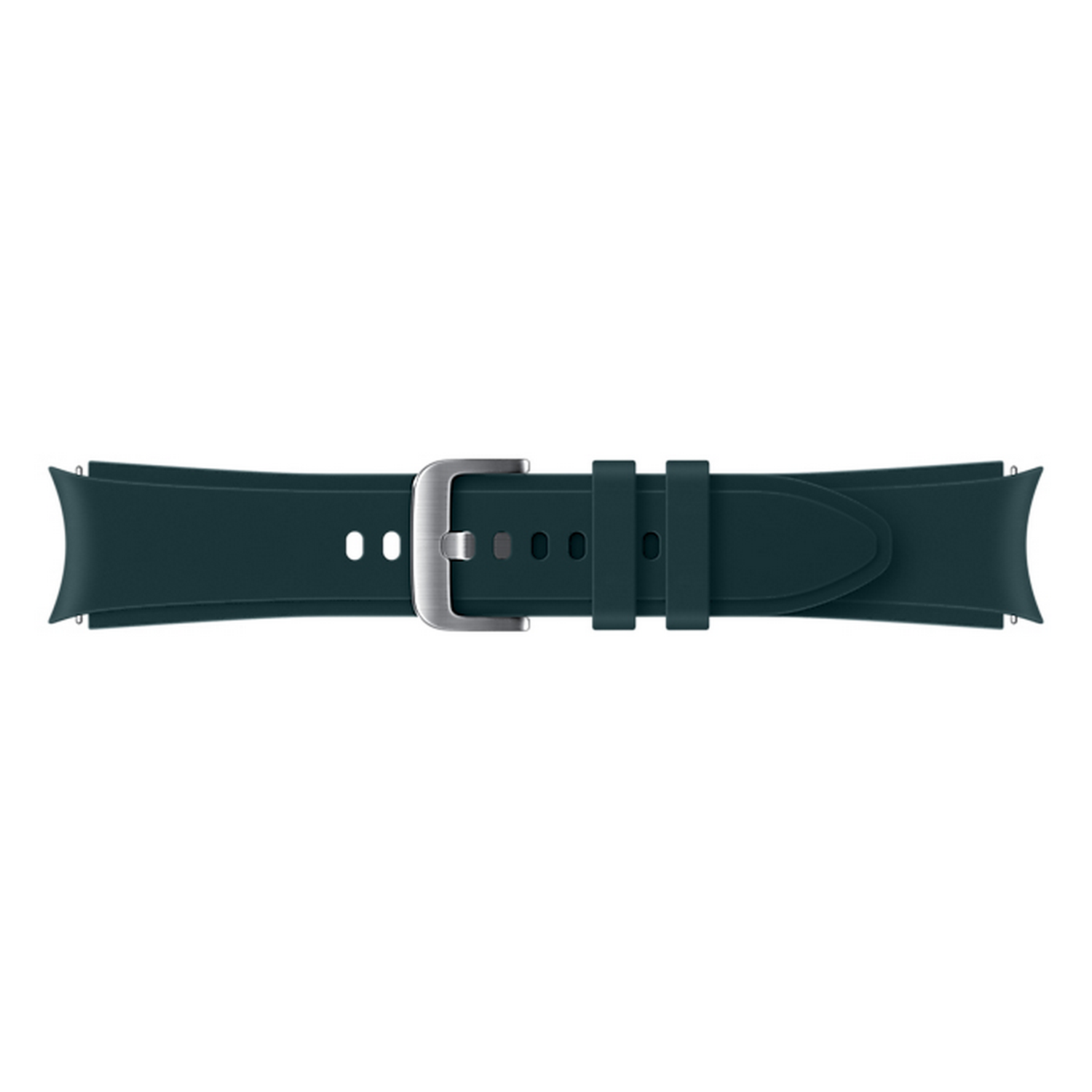 Correa de reloj verde oscuro con hebilla plateada. Fondo oscuro y fondo blanco.
