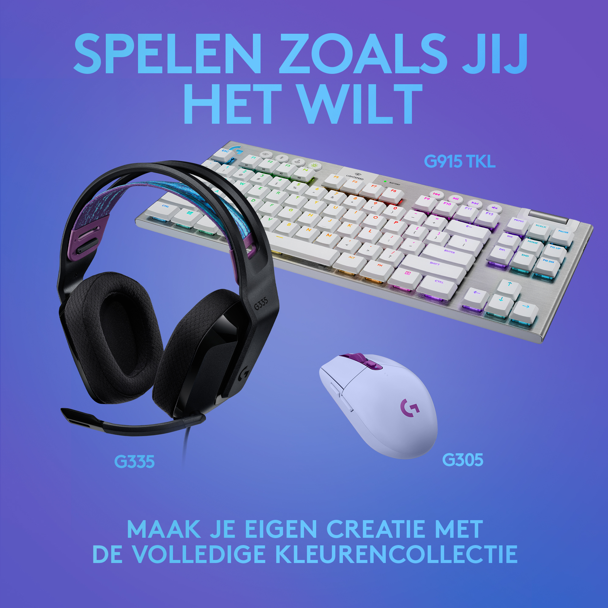 Een gaming setup met headset, toetsenbord en muis op een paars-blauwe achtergrond.