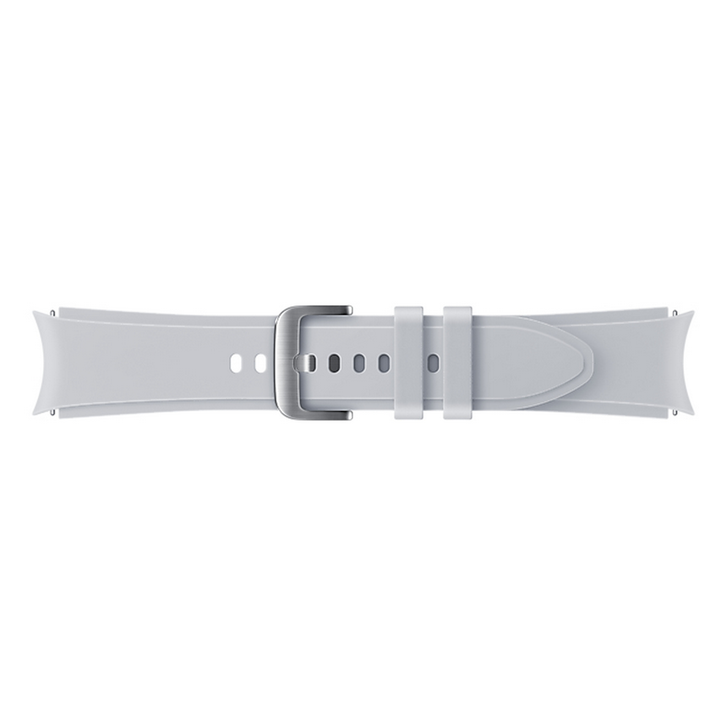 Correa de reloj inteligente gris con hebilla plateada.
