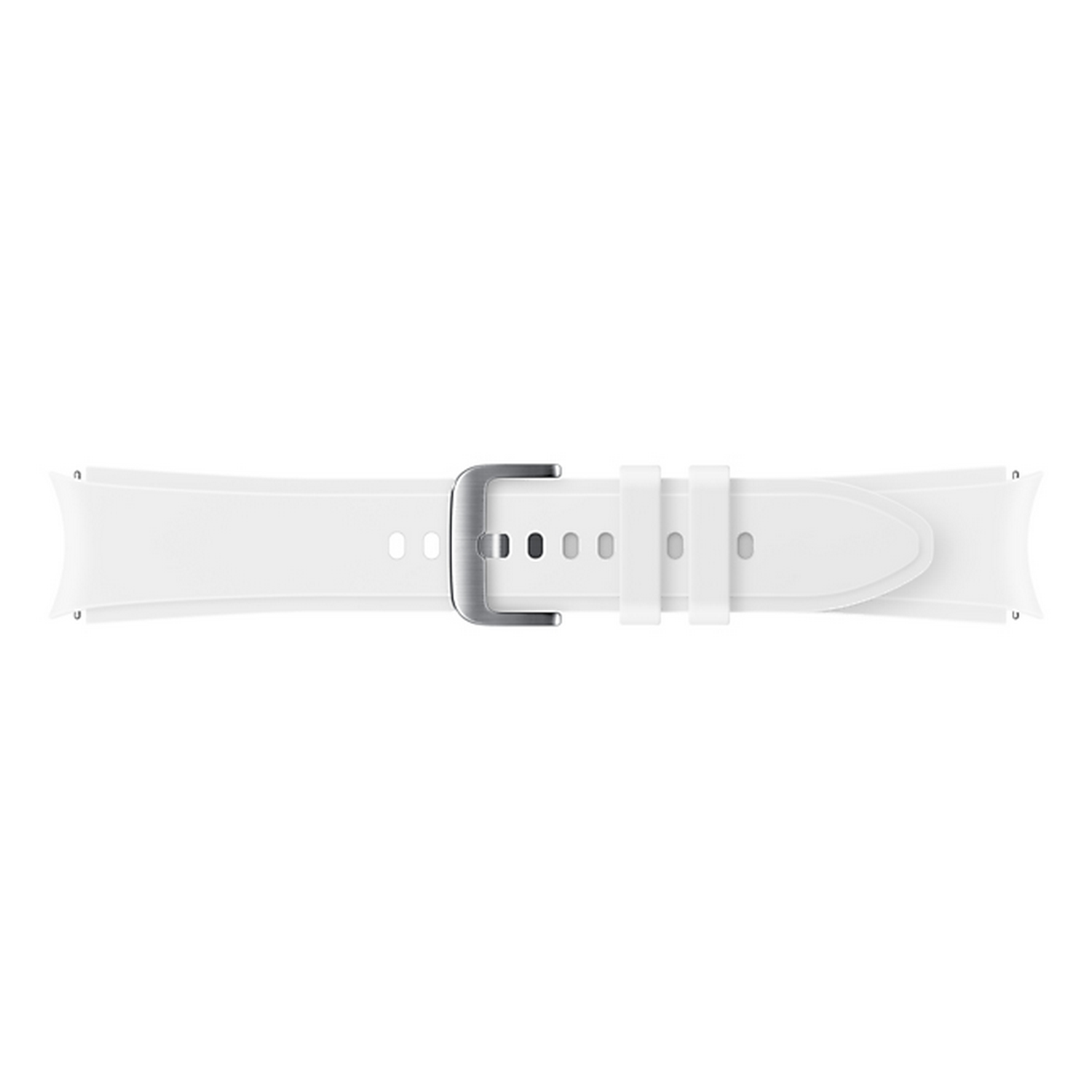 Correa de reloj inteligente blanca. Tiene una hebilla plateada y dos presillas. Aislada sobre fondo blanco.