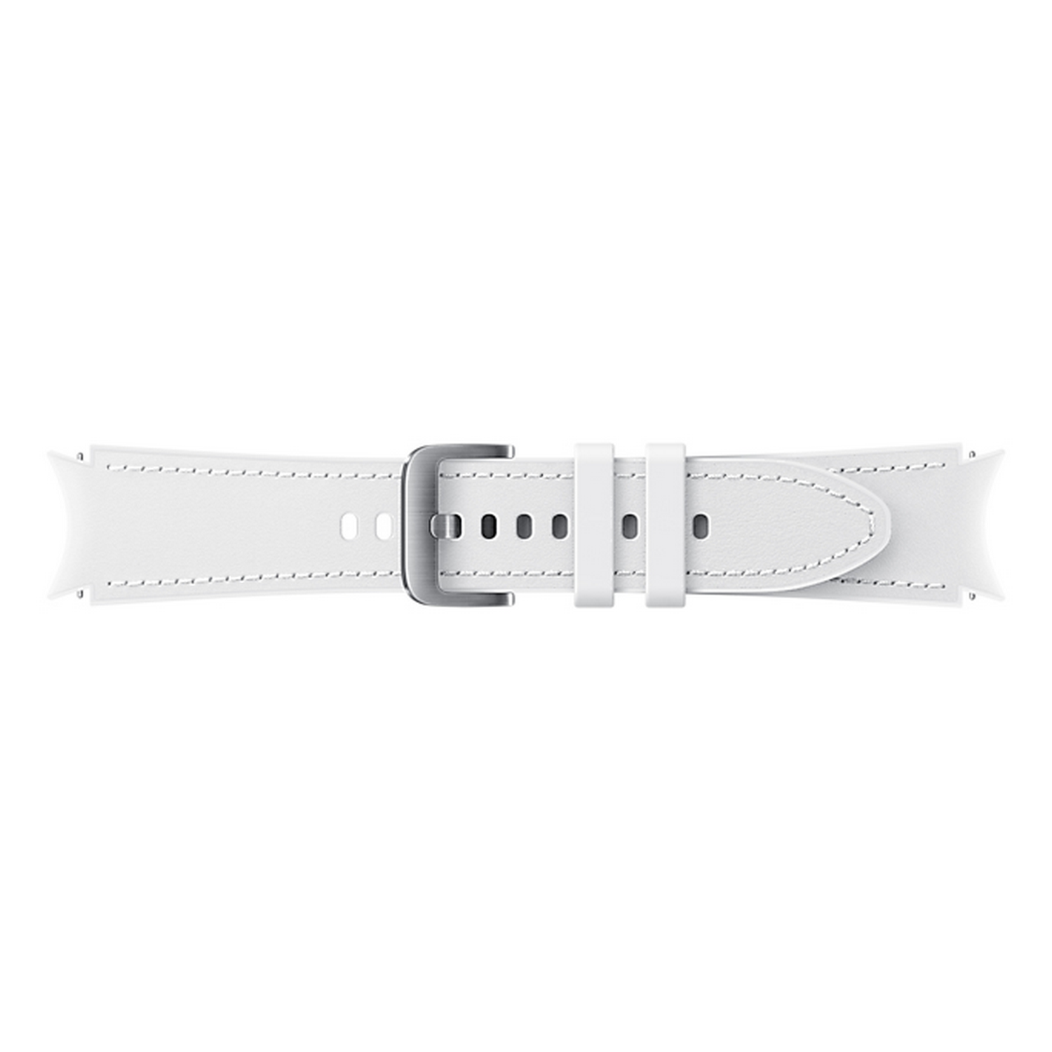 Una correa de reloj blanca con hebilla plateada. La correa es curvada y tiene detalles de costura.