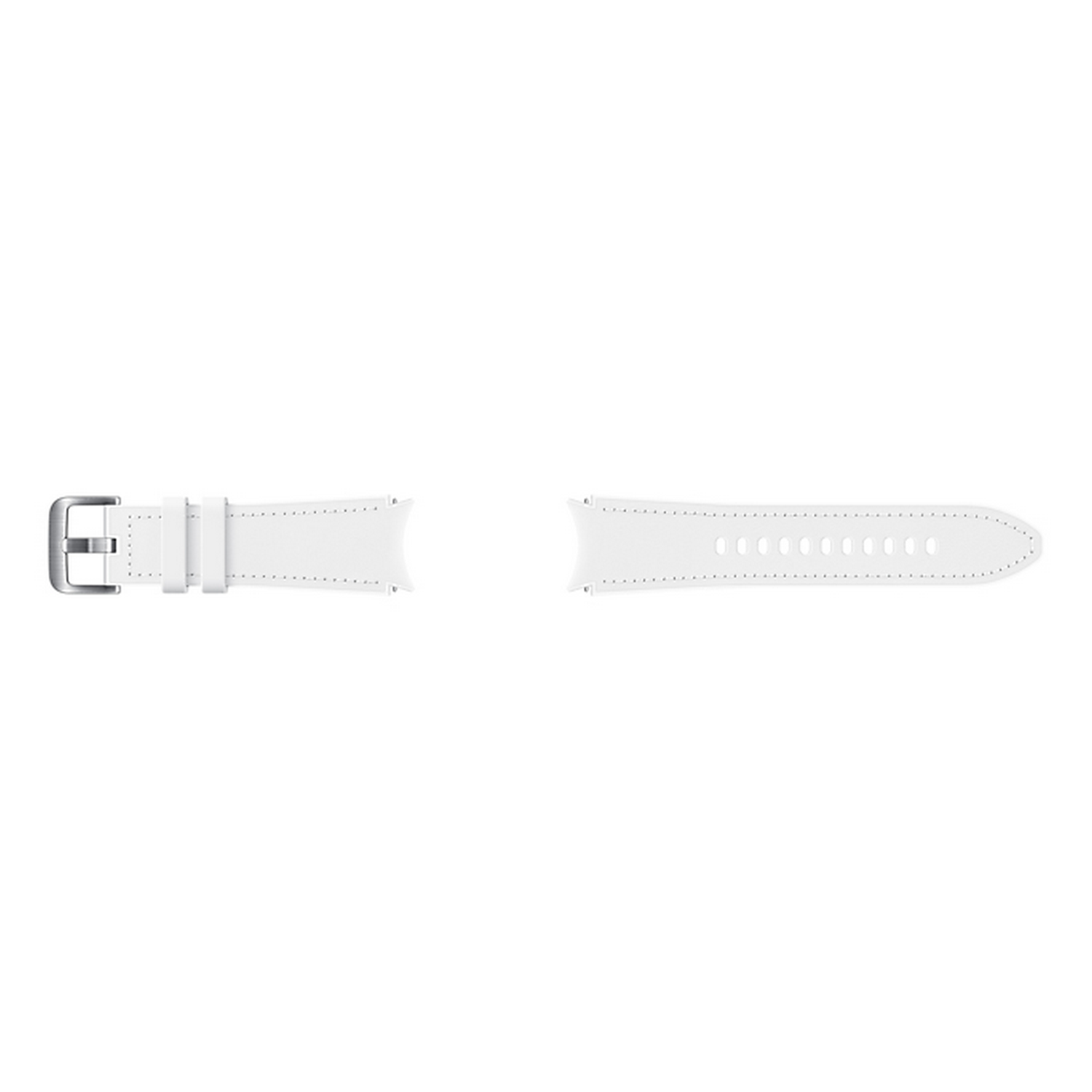 Una correa de reloj blanca separada, con hebilla y agujeros.