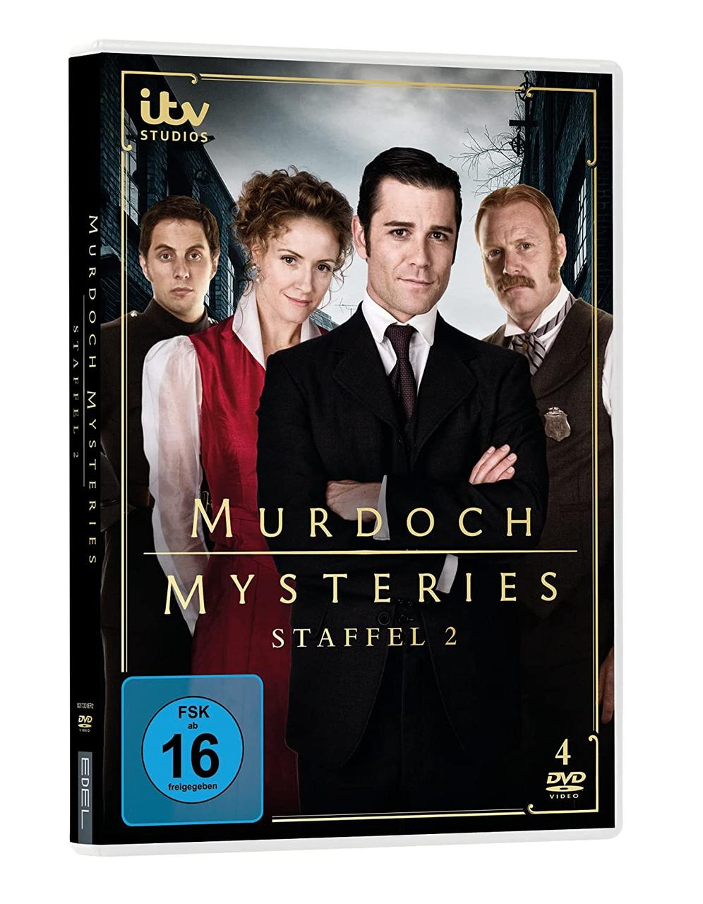 Murdoch Mysteries DVD-Cover mit vier Personen, dem Titel und dem Bewertungsschild.