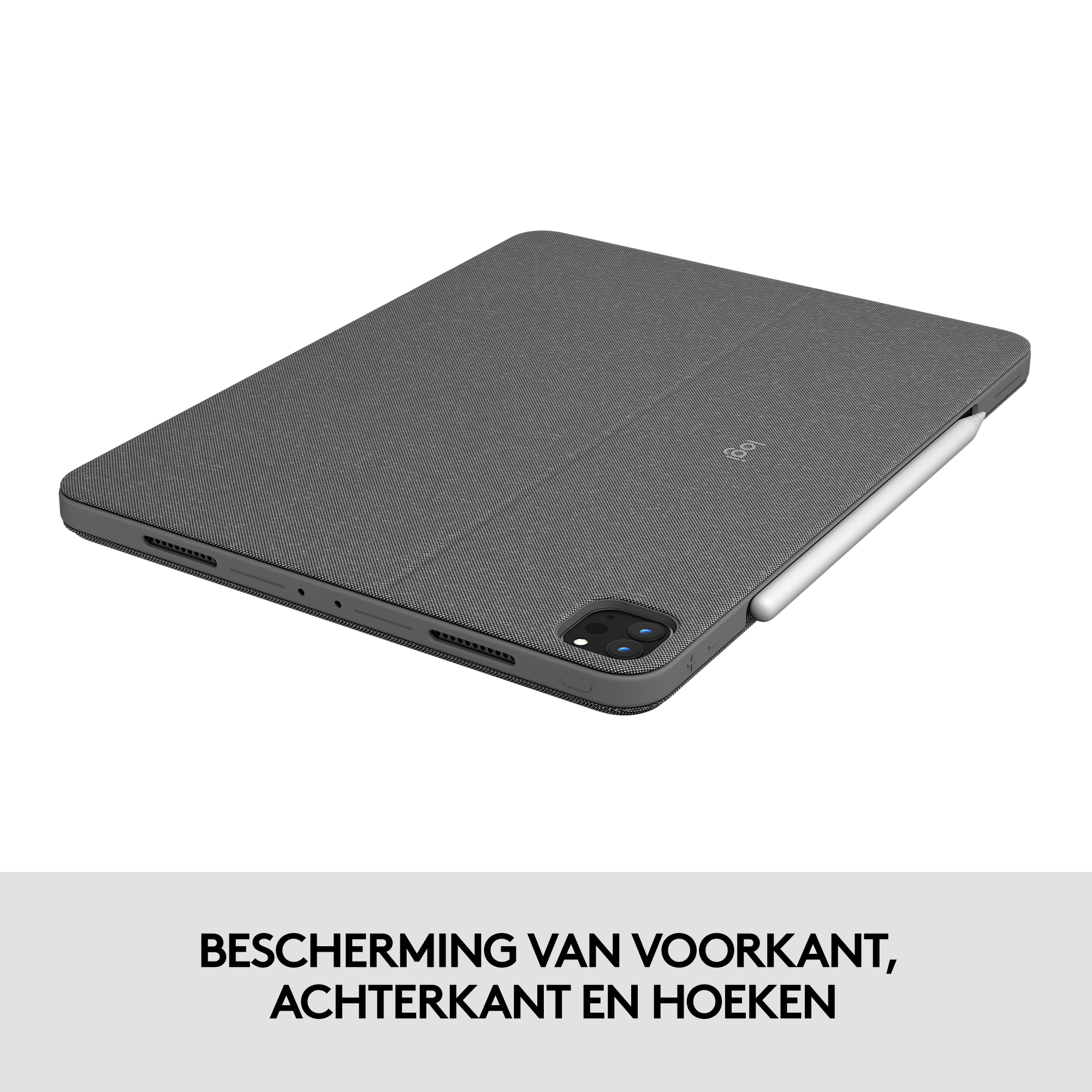 Gray fabric tablet case with a white stylus, text at the bottom.
