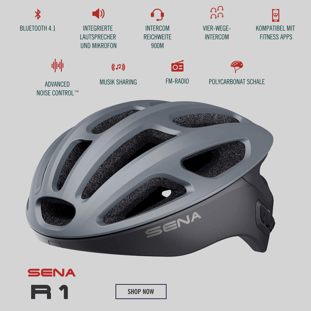 Ein grauer Sena R1 Helm mit mehreren Symbolen und Text, die Funktionen wie Bluetooth und UKW-Radio anzeigen.