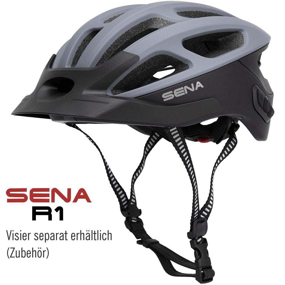 Ein grauer und schwarzer Fahrradhelm mit dem Markennamen SENA und einem Visier.