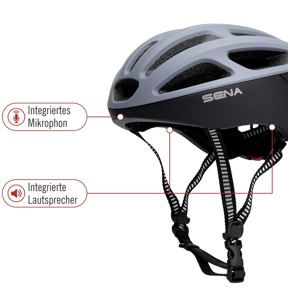Grau-schwarzer Fahrradhelm mit Mikrofon und Lautsprechern.