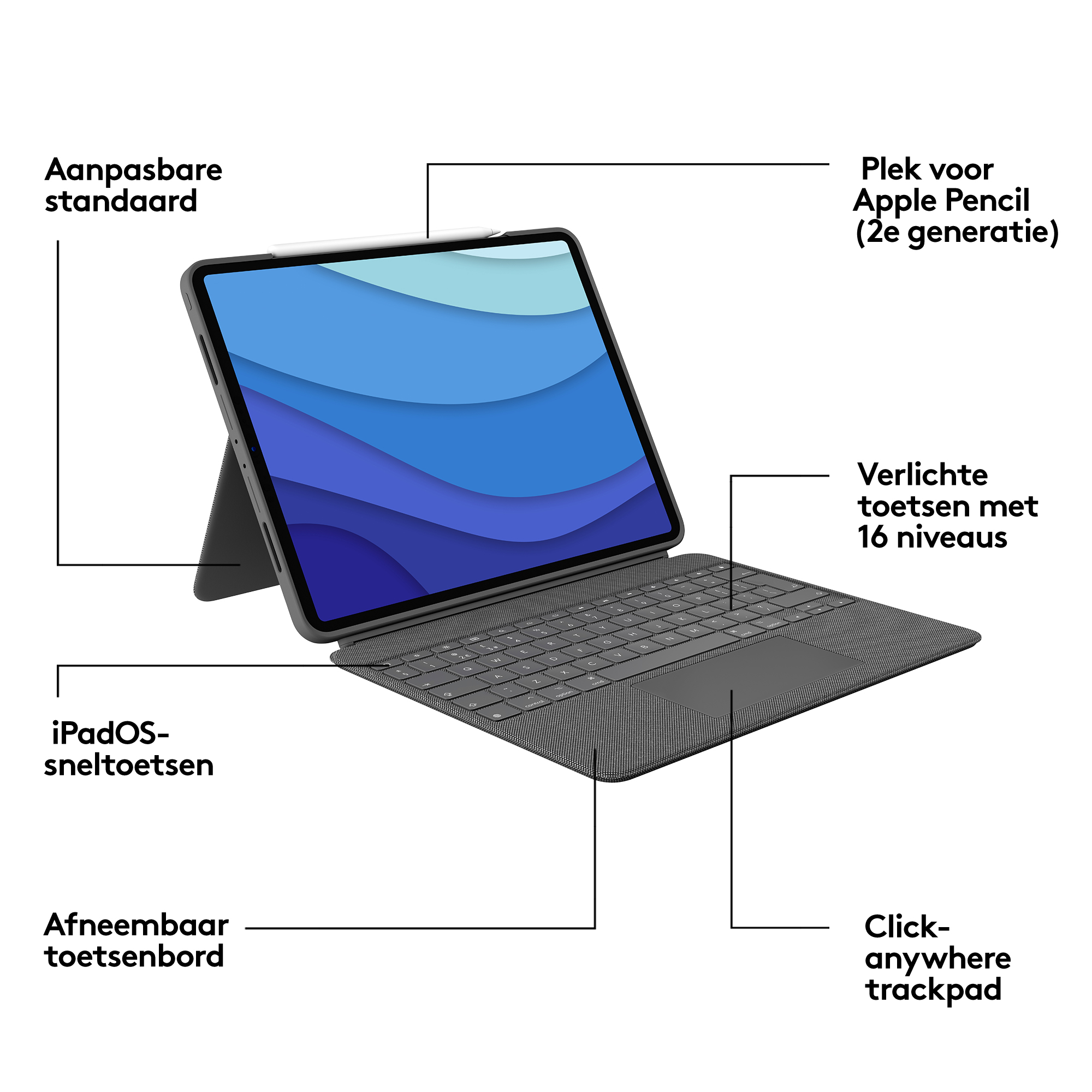 An iPad with a keyboard and Apple Pencil on a white background.