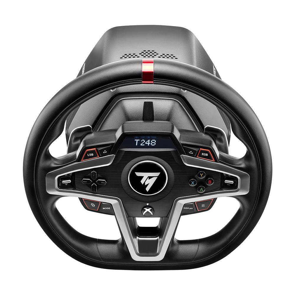 Lenkrad für Rennspiel, mit Tasten, Bildschirm und Thrustmaster-Logo.
