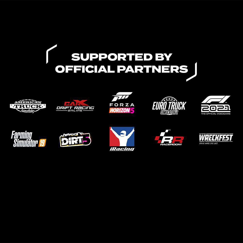 Logos von Rennspielen und Sponsoren auf schwarzem Hintergrund.